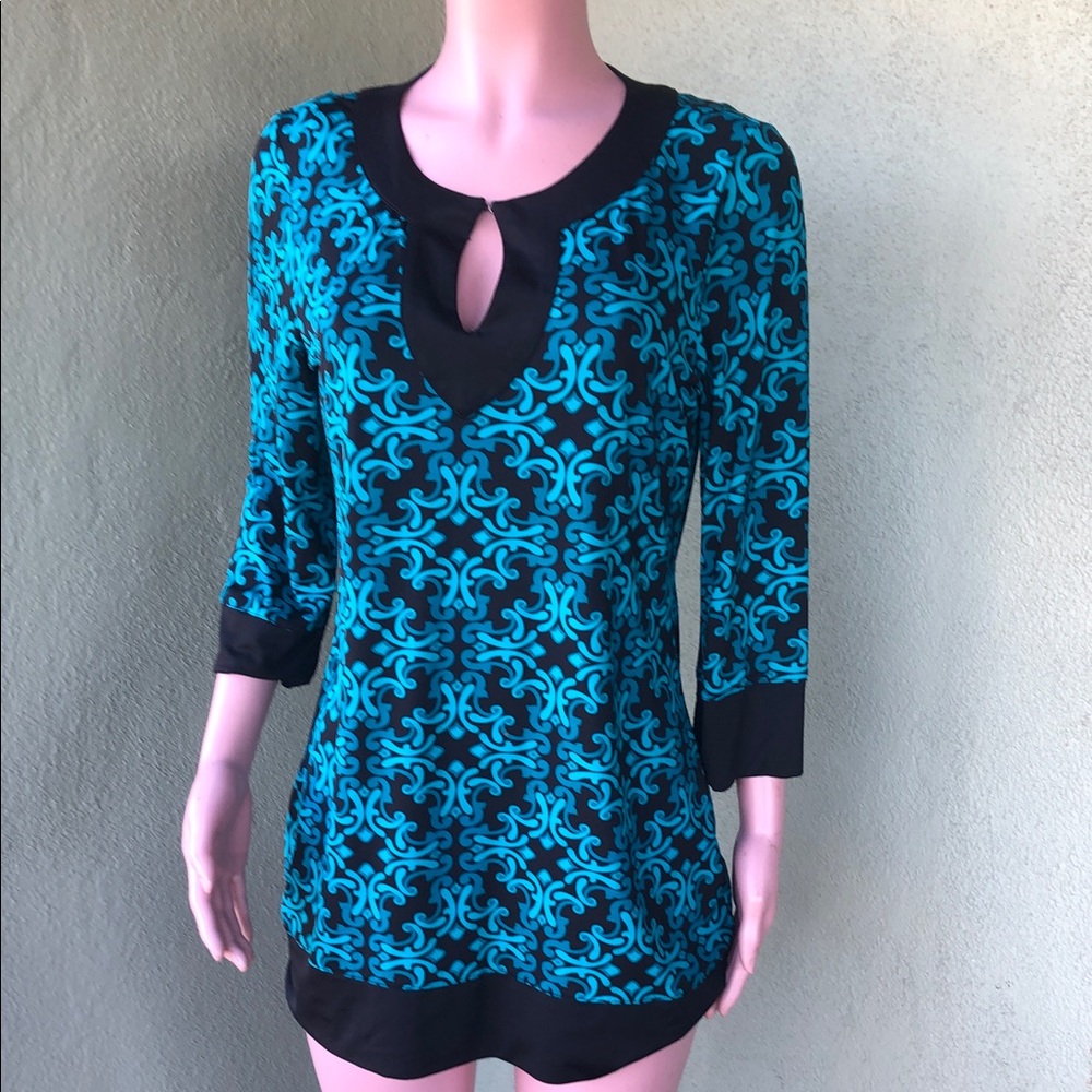 INC International Concepts Teal and Black Patterned tunic Top